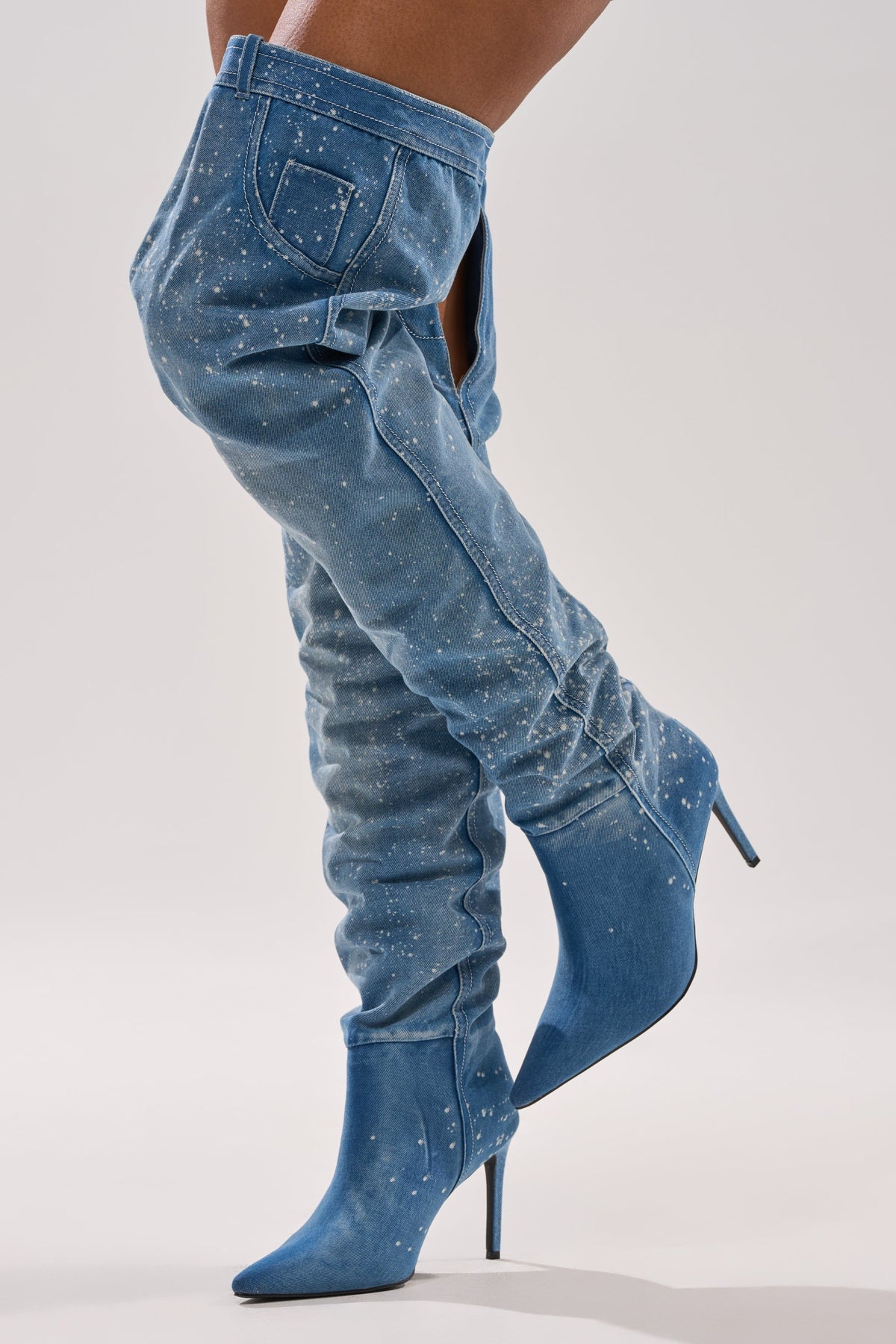 AZALEA WANG JEANNI DENIM SPLATTER PAINTED STILETTO BOOT